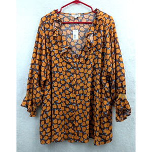 Studio B By Bobeau Shirt sz 3X orange floral print long sleeve top ruffly 1194
